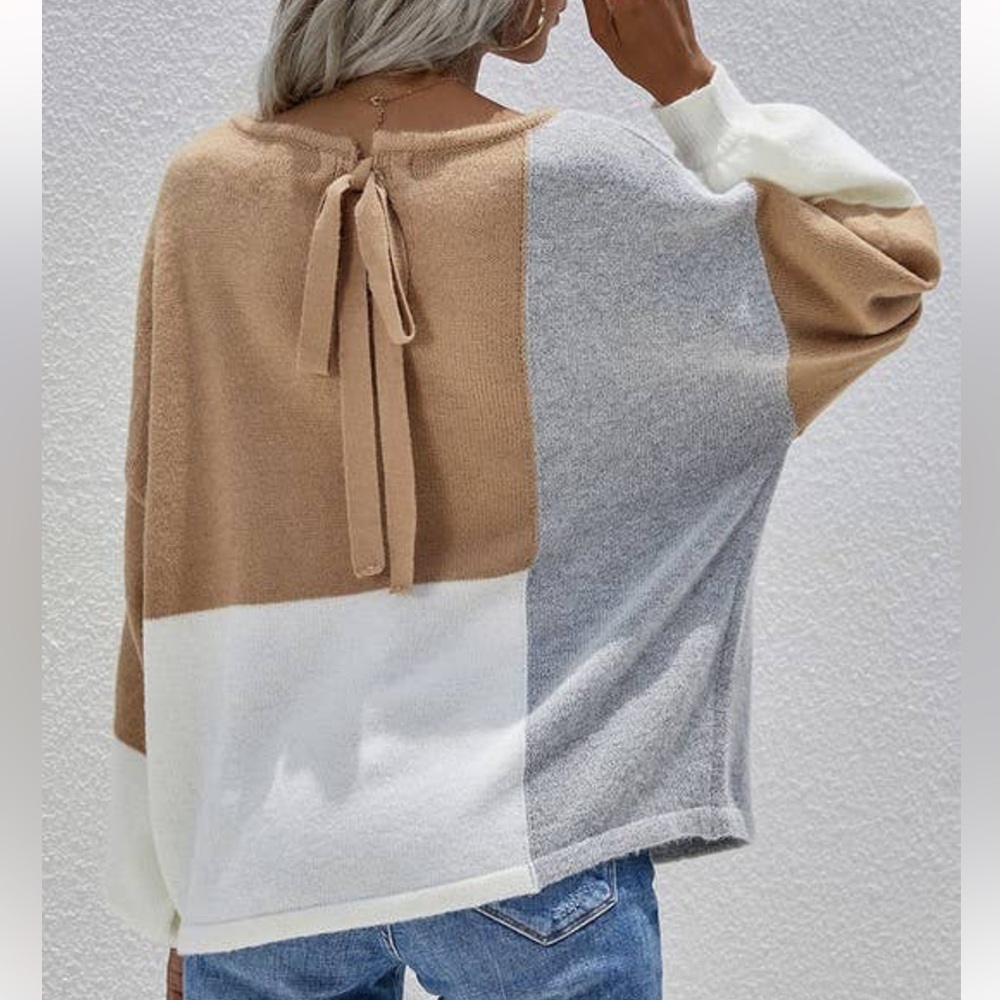 Blu-pepper Colorblock Tie-Back Knit Sweater — Camel, Gray & White Sz M/L